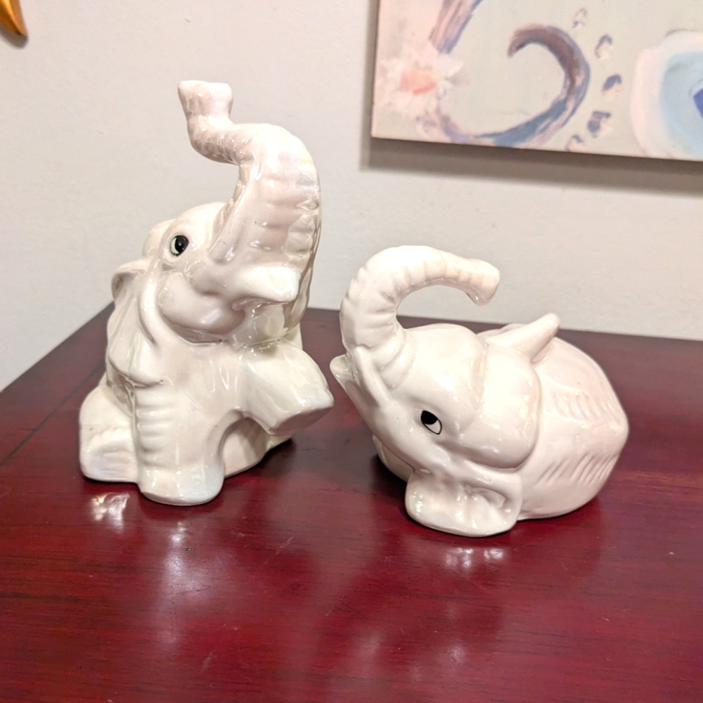 Vintage Pair Lusterware Elephants Figurines Trunk Up Opalescent White Brazil EUC